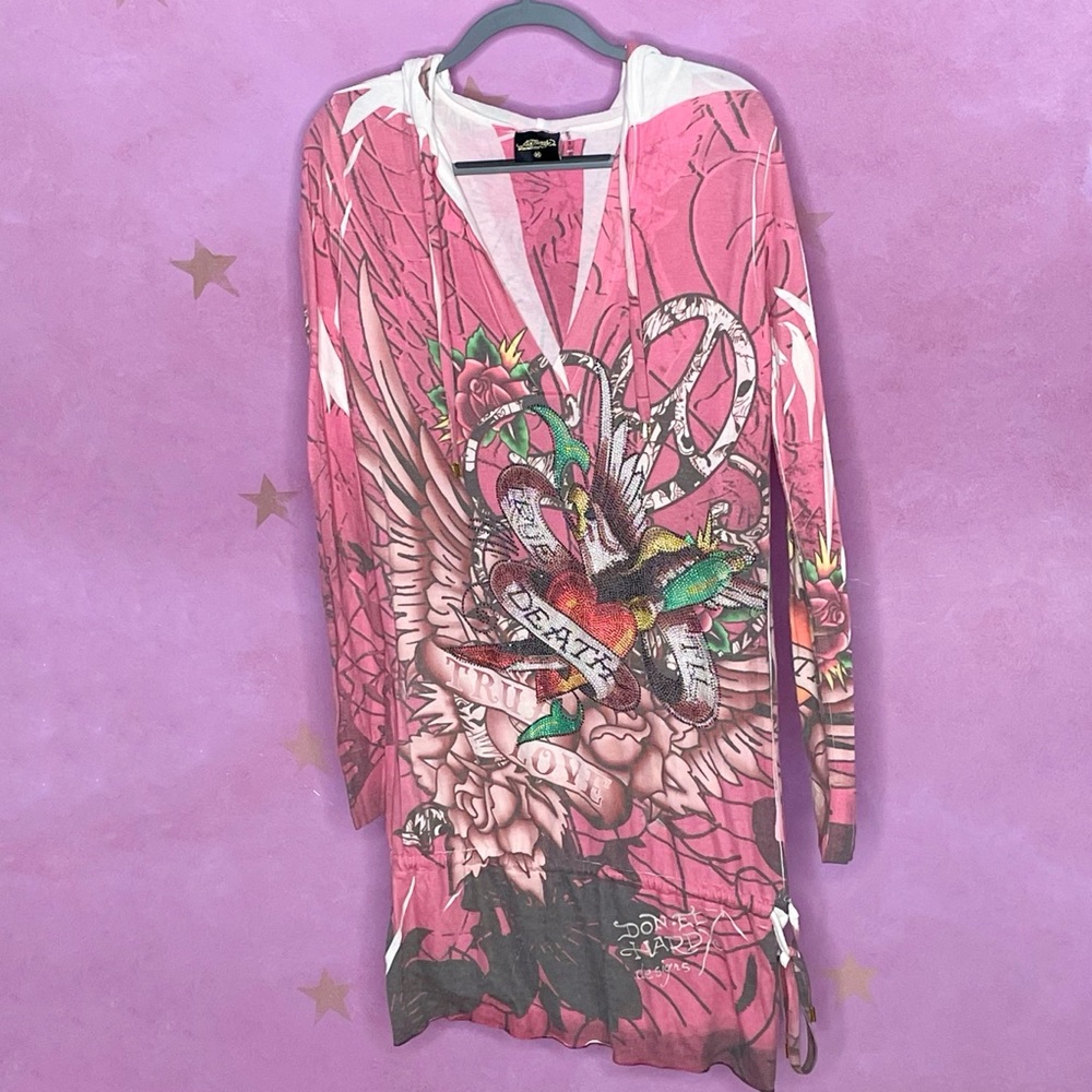 Ed Hardy Y2K Vintage All Over Print Hoodie Dress Top Shirt Skull Tattoo Skull - Picture 1 of 10